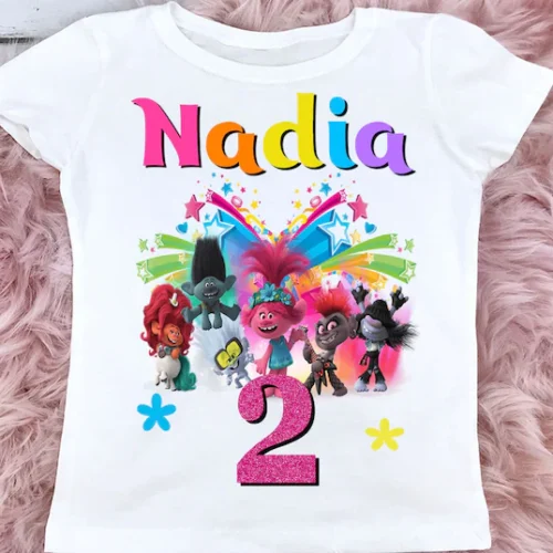 Personalized Name Age Trolls World Tour Birthday Shirt Onesis Kid Youth V-neck Unisex Cute