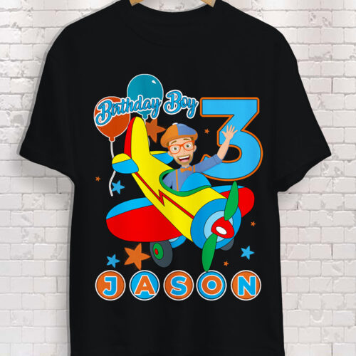 Personalized Name Age Blippi Birthday Shirt Onesis Kid Youth V-neck Unisex