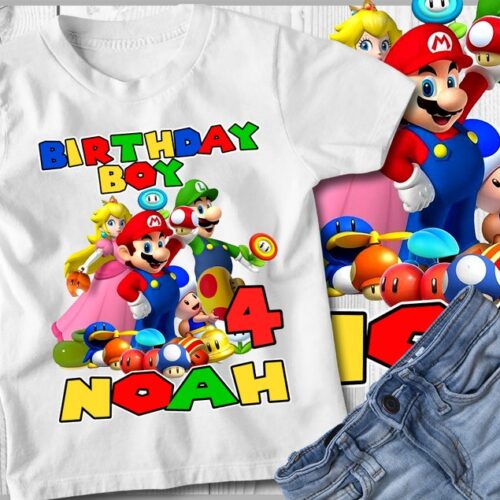 Personalized Name Age Mario Birthday Shirt Onesis Kid Youth V-neck Unisex