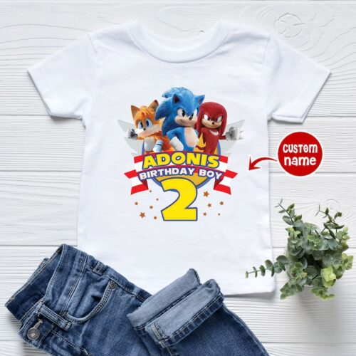 Personalized Name Age Sonic the Hedgehog Birthday Shirt Onesis Kid Youth V-neck Unisex