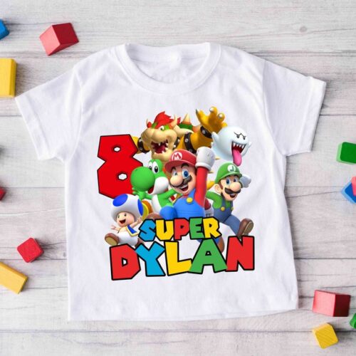 Personalized Name Age Mario Birthday Shirt Onesis Kid Youth V-neck Unisex