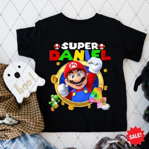 Personalized Name Age Mario Birthday Shirt Onesis Kid Youth V-neck Unisex