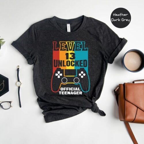 Personalized Name Age Level 13 Unlocked Official Teenager Birthday Shirt Onesis Kid Youth V-neck Unisex