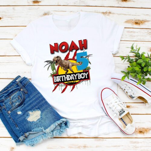 Personalized Name Age Jurassic Park Birthday Shirt Onesis Kid Youth V-neck Unisex
