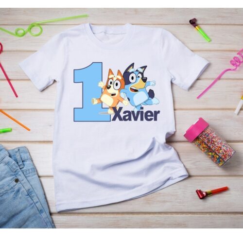 Personalized Name Age Bluey Birthday Shirt Onesis Kid Youth V-neck Unisex