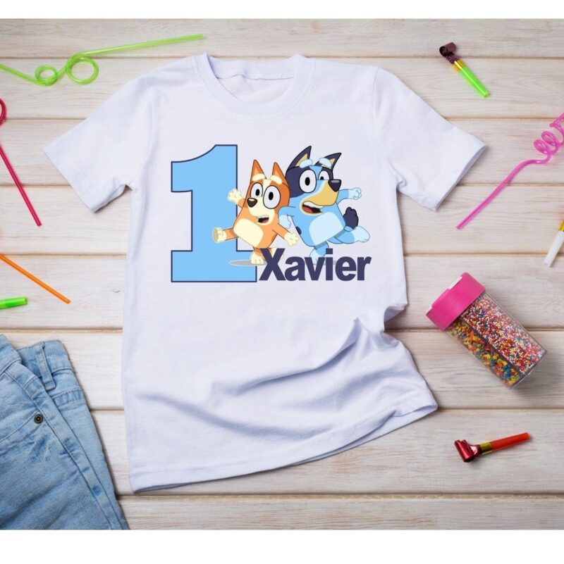 Personalized Name Age Bluey Birthday Shirt Onesis Kid Youth V-neck Unisex